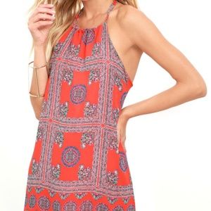 NWOT Lulu's SOCIAL CORAL RED PRINT HALTER DRESS
